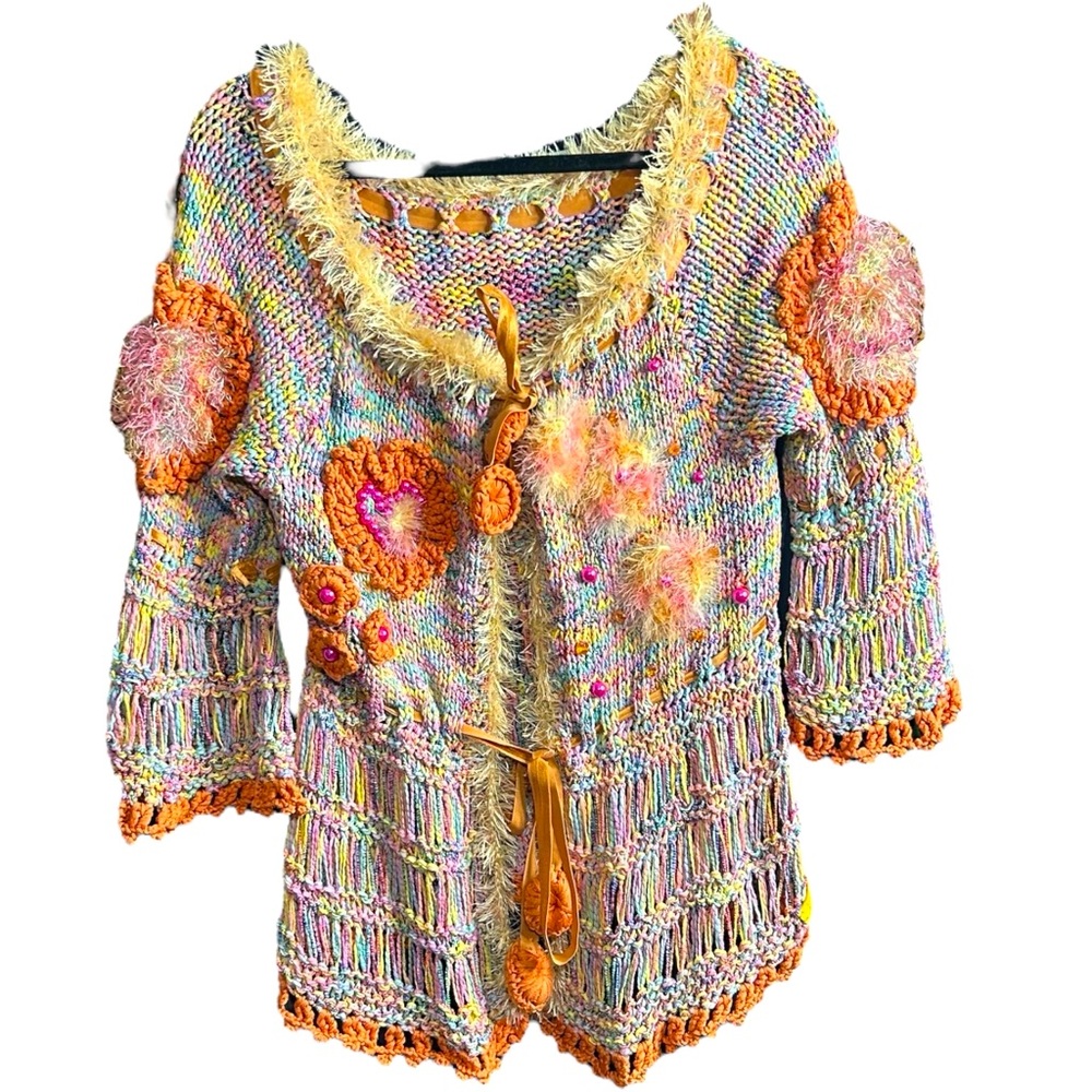 Hand Crochet Colorful Heart Wearable Art Feminine Tie Front Cardigan Bell Sleeve